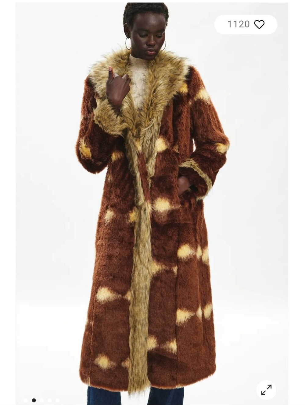 silence + noise Brown Faux Fur Long Coat with Cream Spots Women Size L NWOT